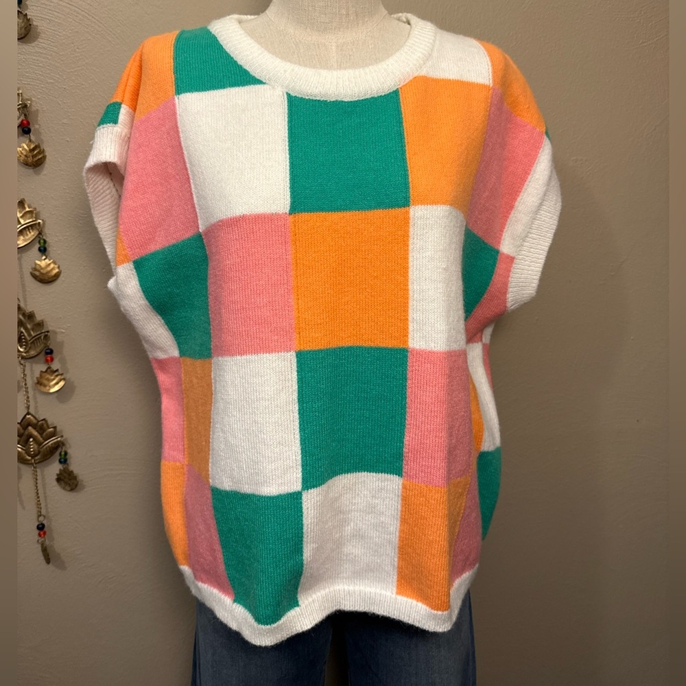 Bibi Women’s Checkered Colorblock Green Pink Short Sleeve Sweater Size Small